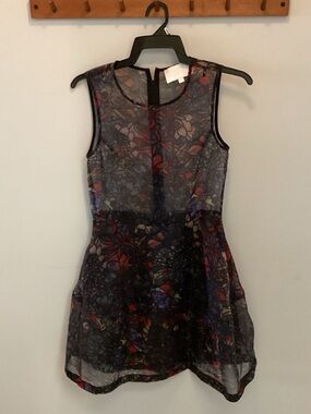 Sleeveless Sheer Floral Mini Dress in Black and Multicolor Size XS